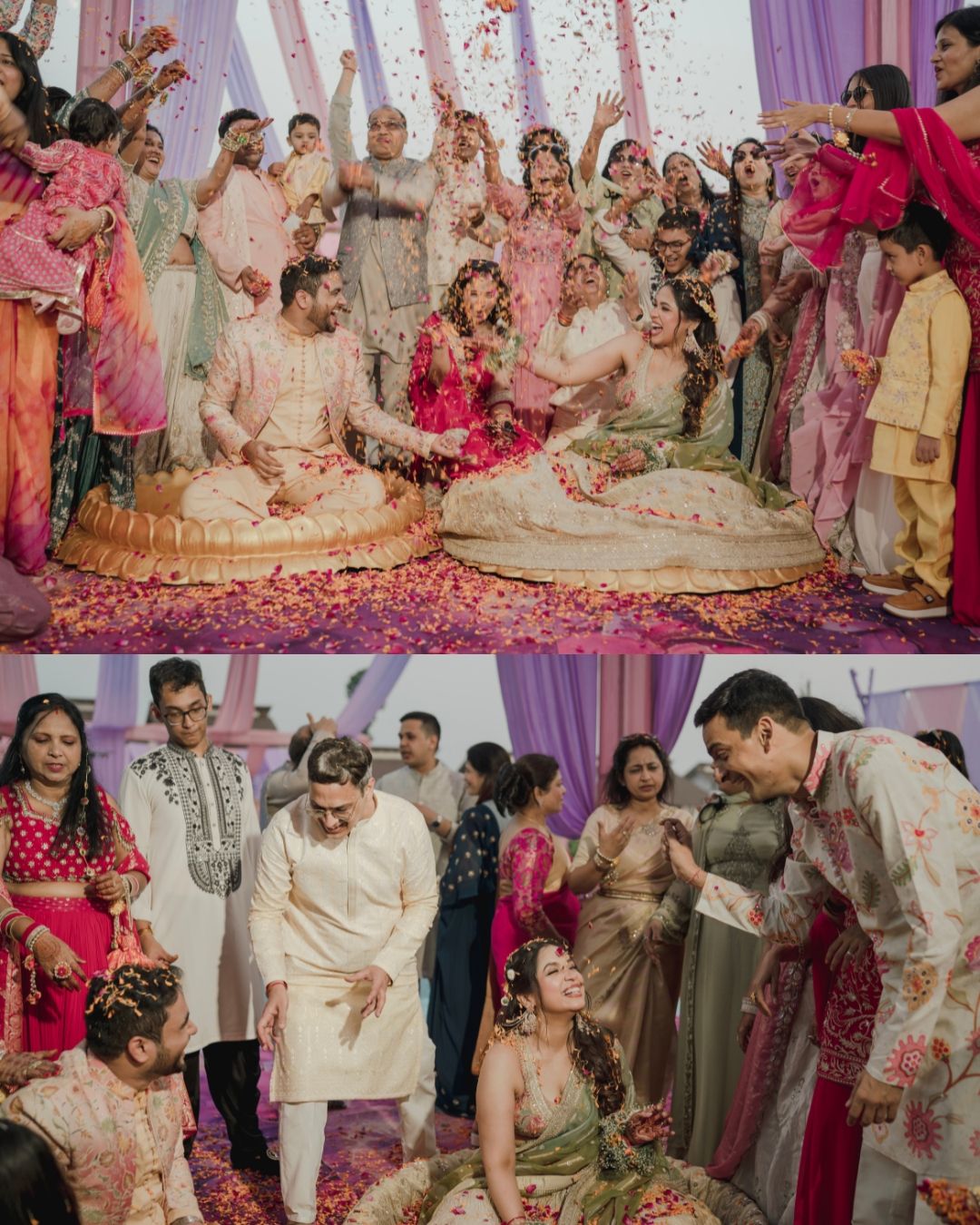 Joyful Indian wedding ceremony with guests throwing flower petals over bride and groom seated on decorated floor.