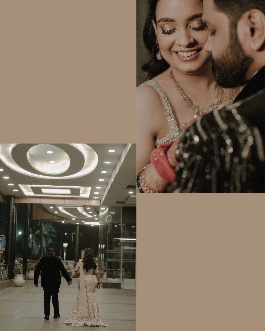 Romantic couple in Indian wedding attire, holding hands outdoors at night and sharing an intimate close-up moment.