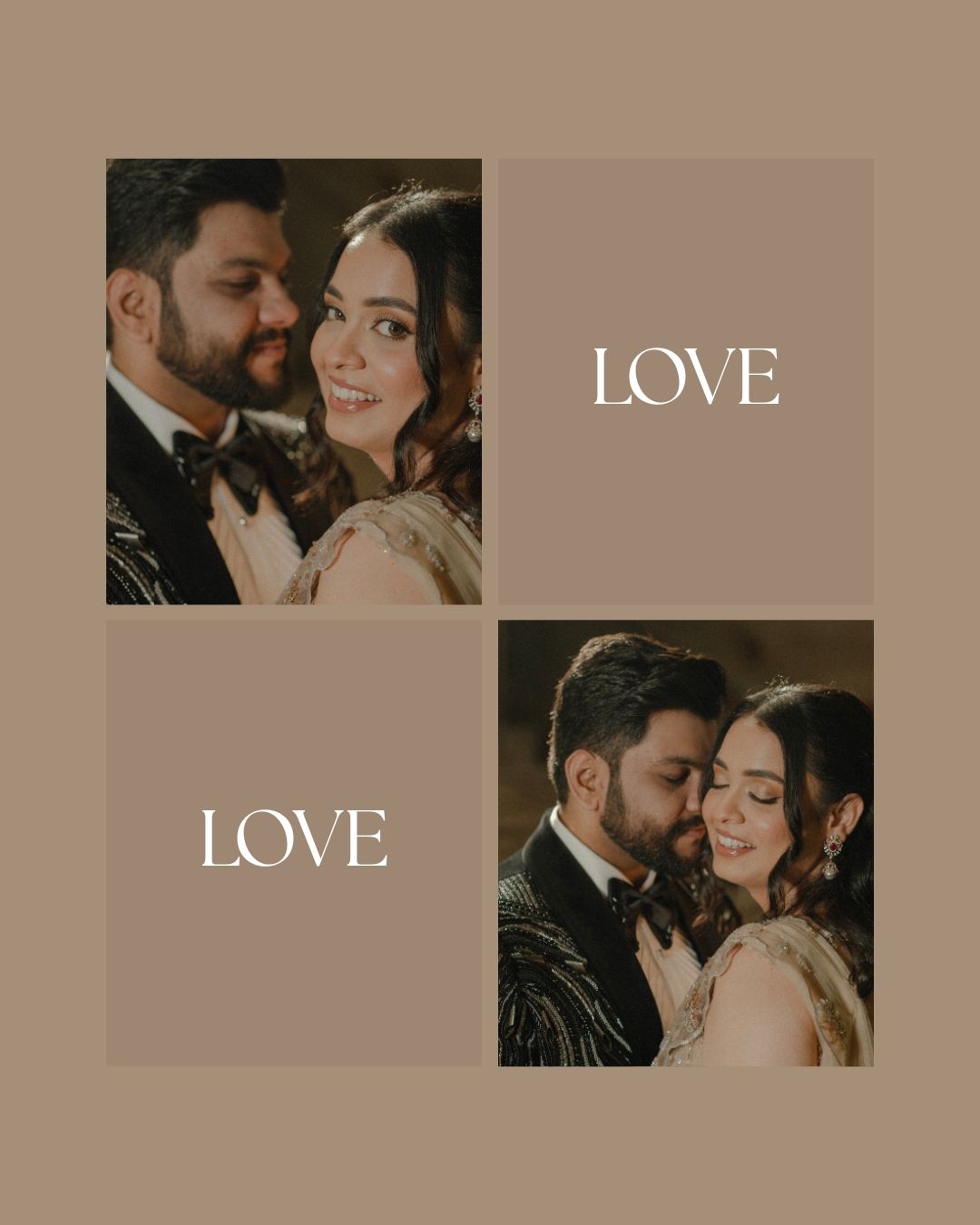 Romantic couple in elegant wedding attire posing closely together in a warm-toned love-themed photo collage.