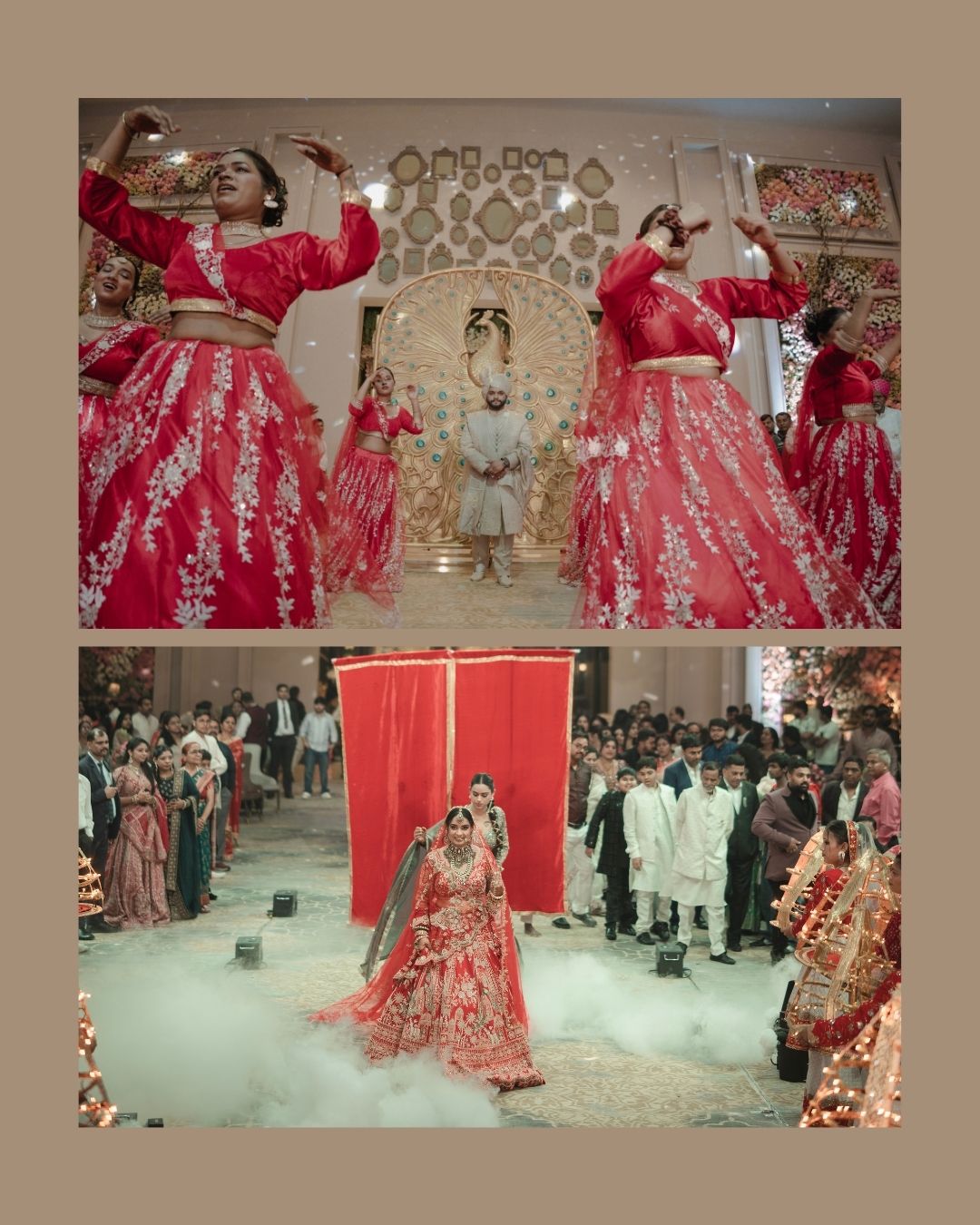 Bridesmaids in red lehengas dance at an Indian wedding ceremony with a bride making a grand entrance through fog.