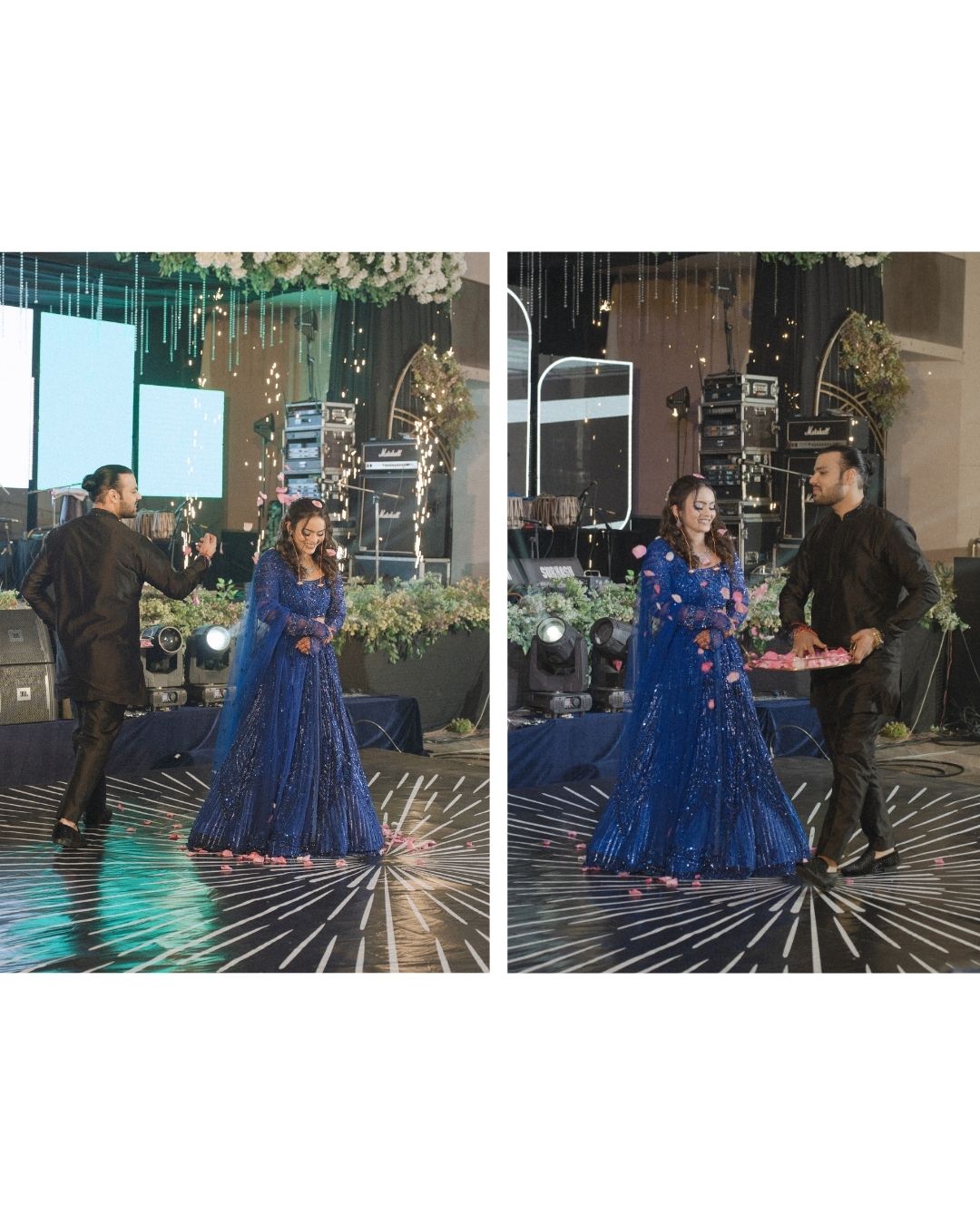 Couple dancing at wedding reception, woman in blue embroidered lehenga, man in black suit, elegant ballroom setting.