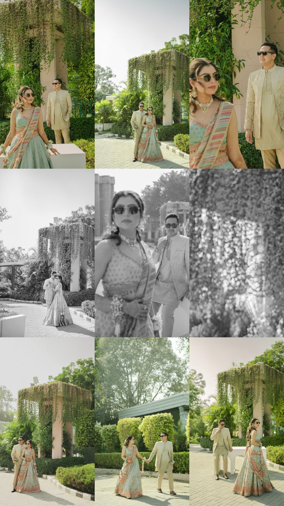 Romantic couple photoshoot in a lush garden setting with elegant outfits and natural lighting.