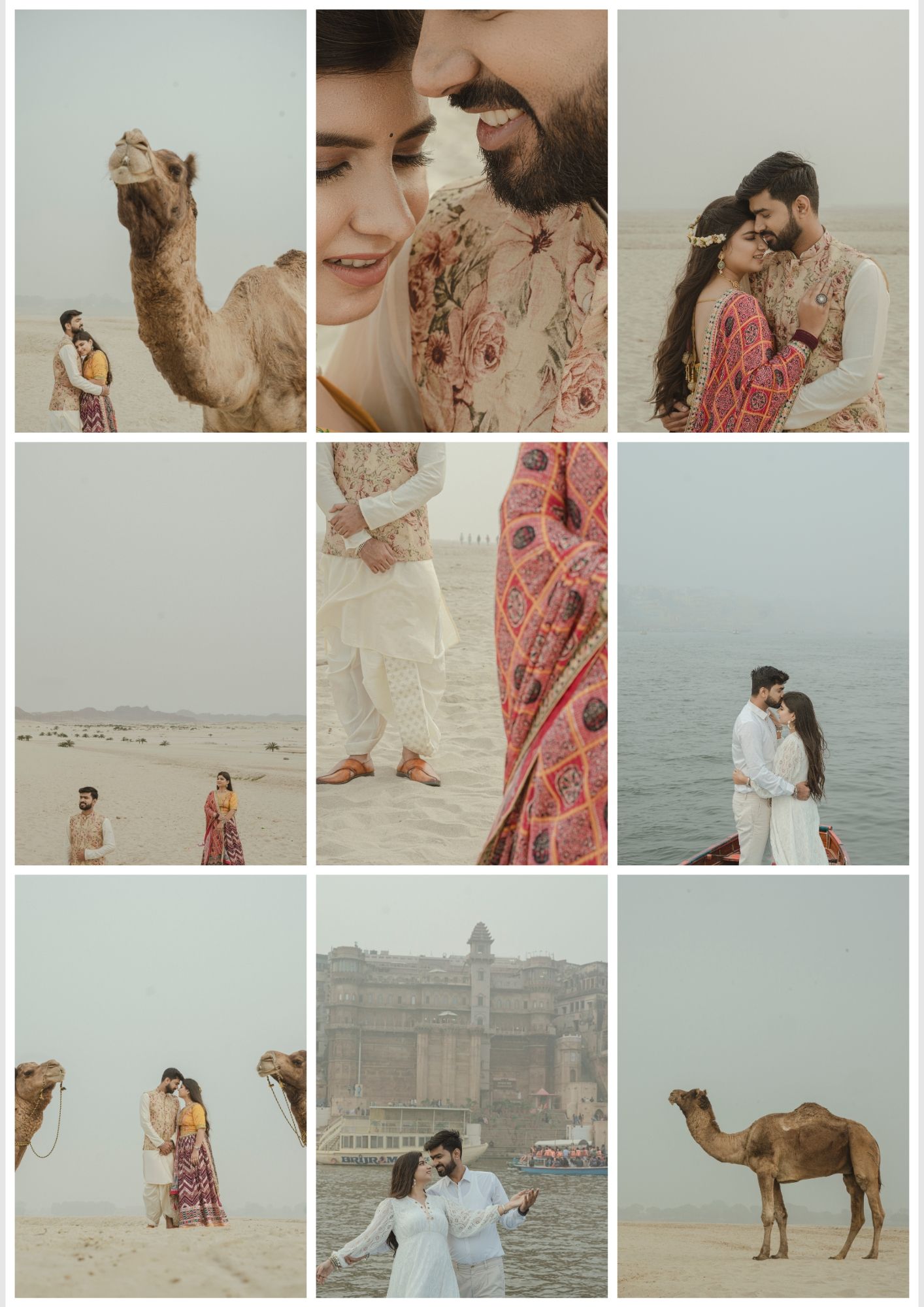 Romantic Indian couple pre-wedding shoot in Rajasthan desert with camels, traditional attire, and historic palace backdrop.