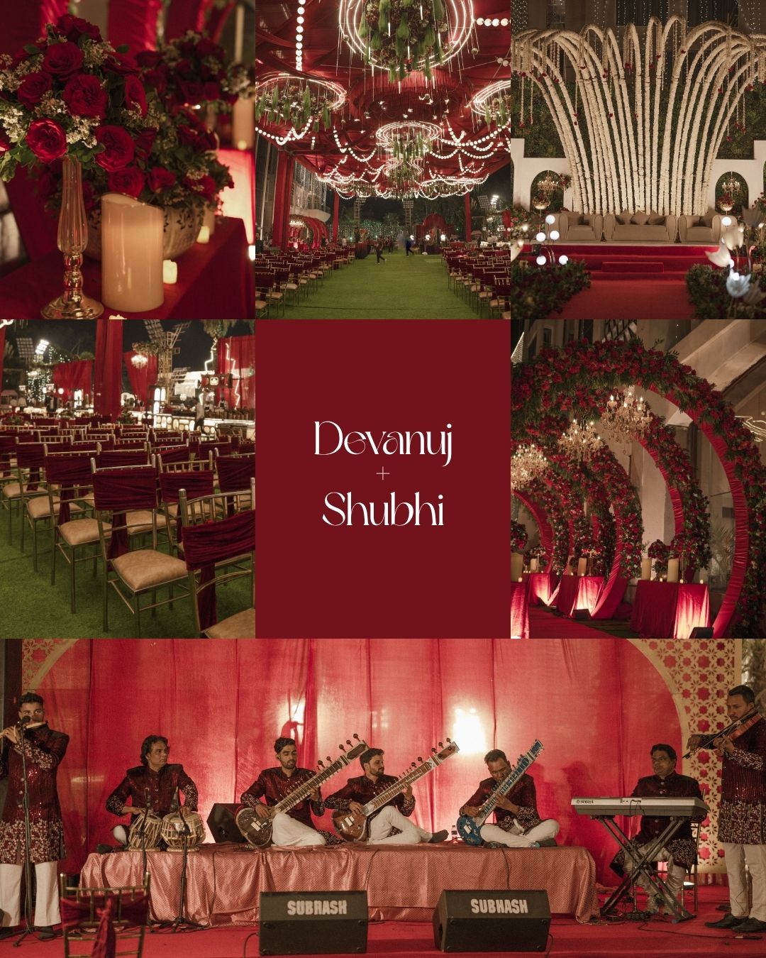 Devanuj and Shubhi wedding collage featuring red floral decor, chandelier-lit venue, arches, and live musicians performing on stage.