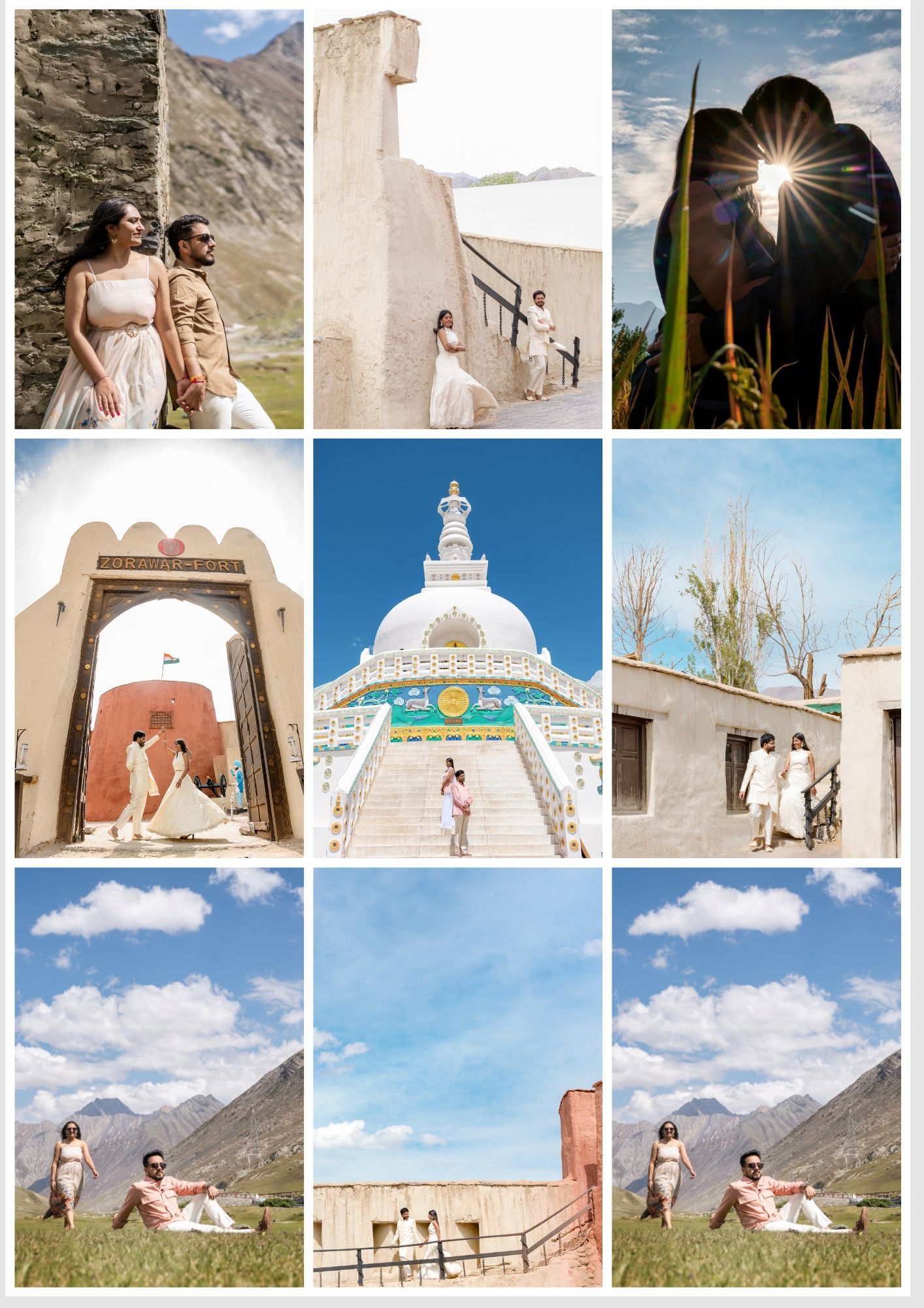 Couple poses in front of white Buddhist stupa in Leh Ladakh, India, with mountain backdrop and blue sky.