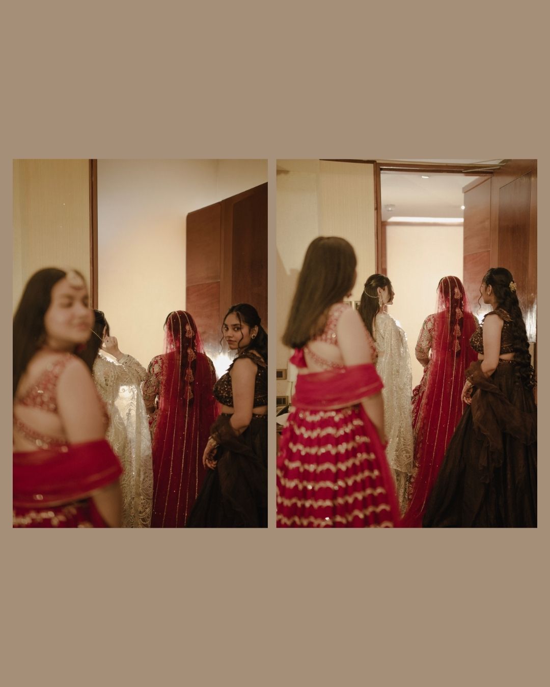 Women in vibrant red and dark lehenga outfits with dupatta gather indoors during an Indian wedding celebration.