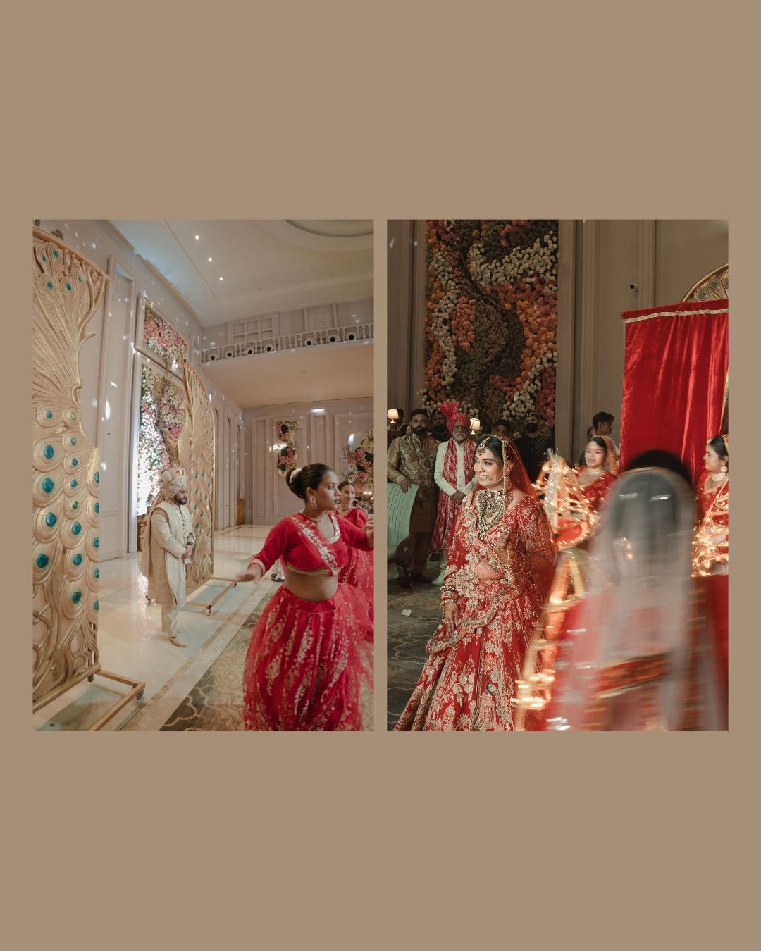 Bride in red lehenga during Indian wedding ceremony with ornate decor and guests in traditional attire.