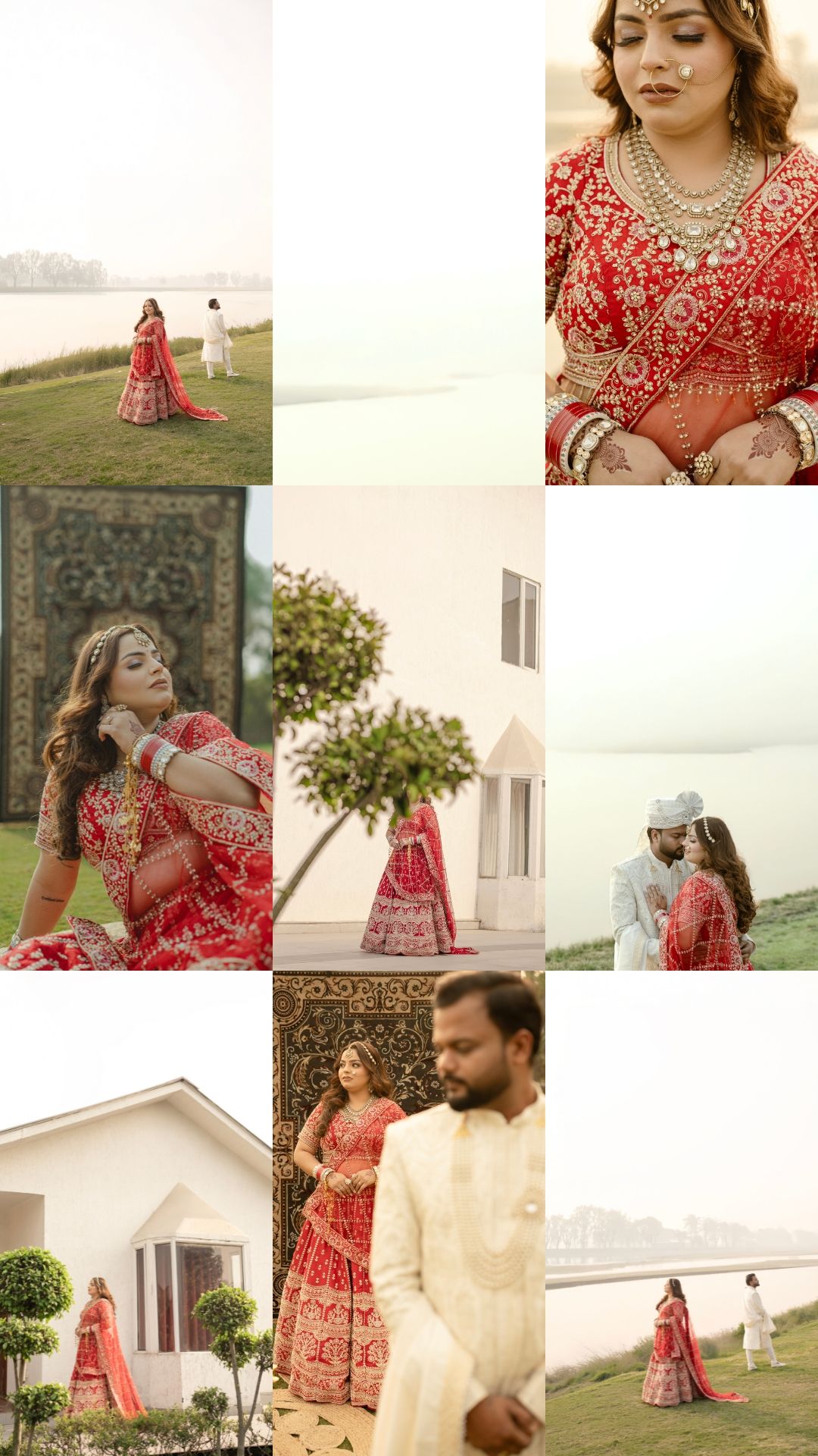 Traditional Indian wedding photography session featuring vibrant red lehenga and elegant bridal jewelry in an outdoor setting.
