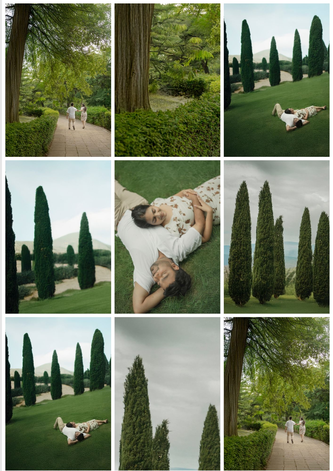 Couple in white outfits strolling and lying on lush green grass among tall cypress trees in an elegant garden.