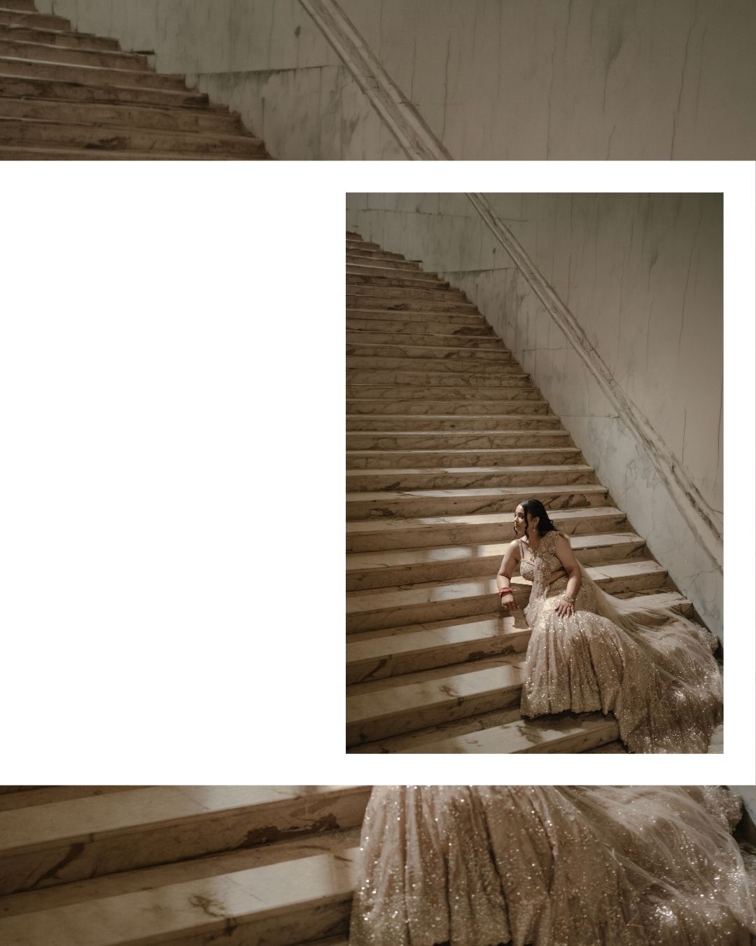A woman in an ornate embroidered lehenga sits gracefully on marble stairs in a grand architectural setting.