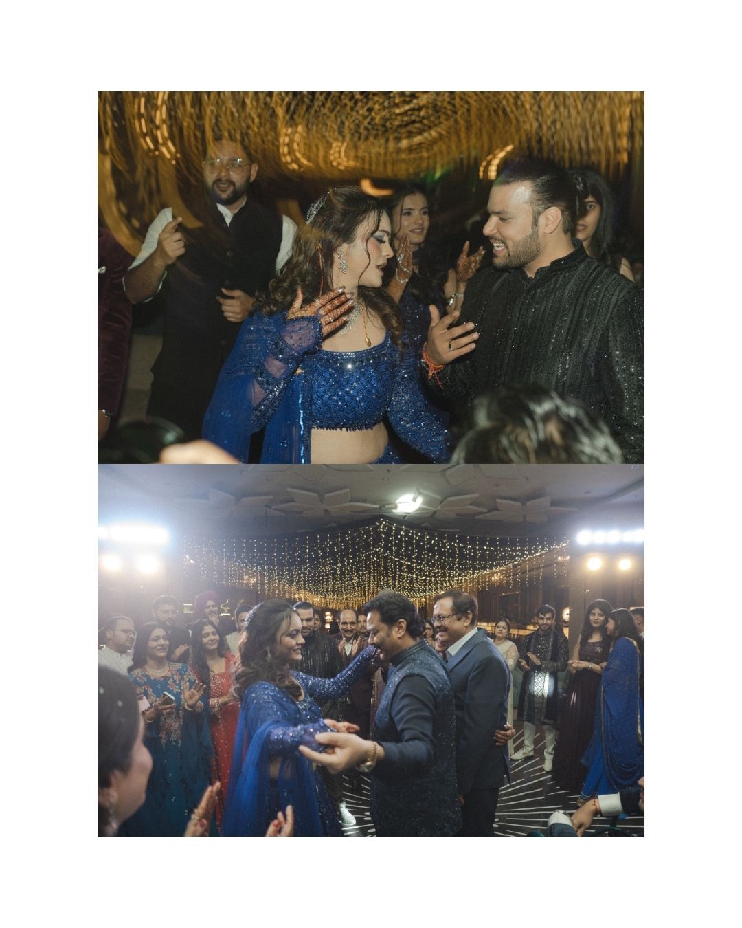 Guests in elegant Indian attire dancing and celebrating at a festive wedding reception event.