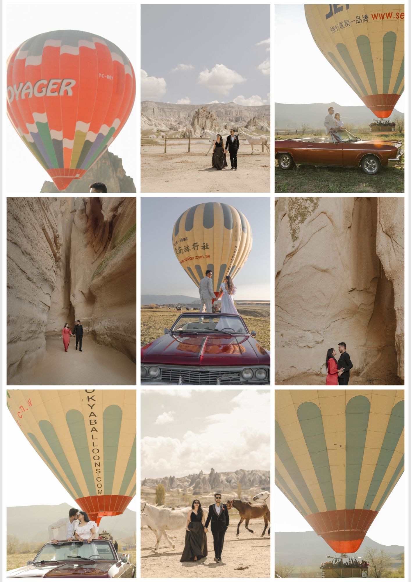 A romantic couple poses near hot air balloons and a vintage car in the scenic rocky landscape of Cappadocia, Turkey.