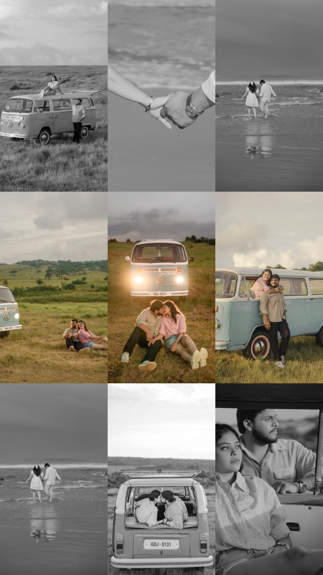 A vintage pickup truck parked in a scenic field at sunset with mountains in the background.