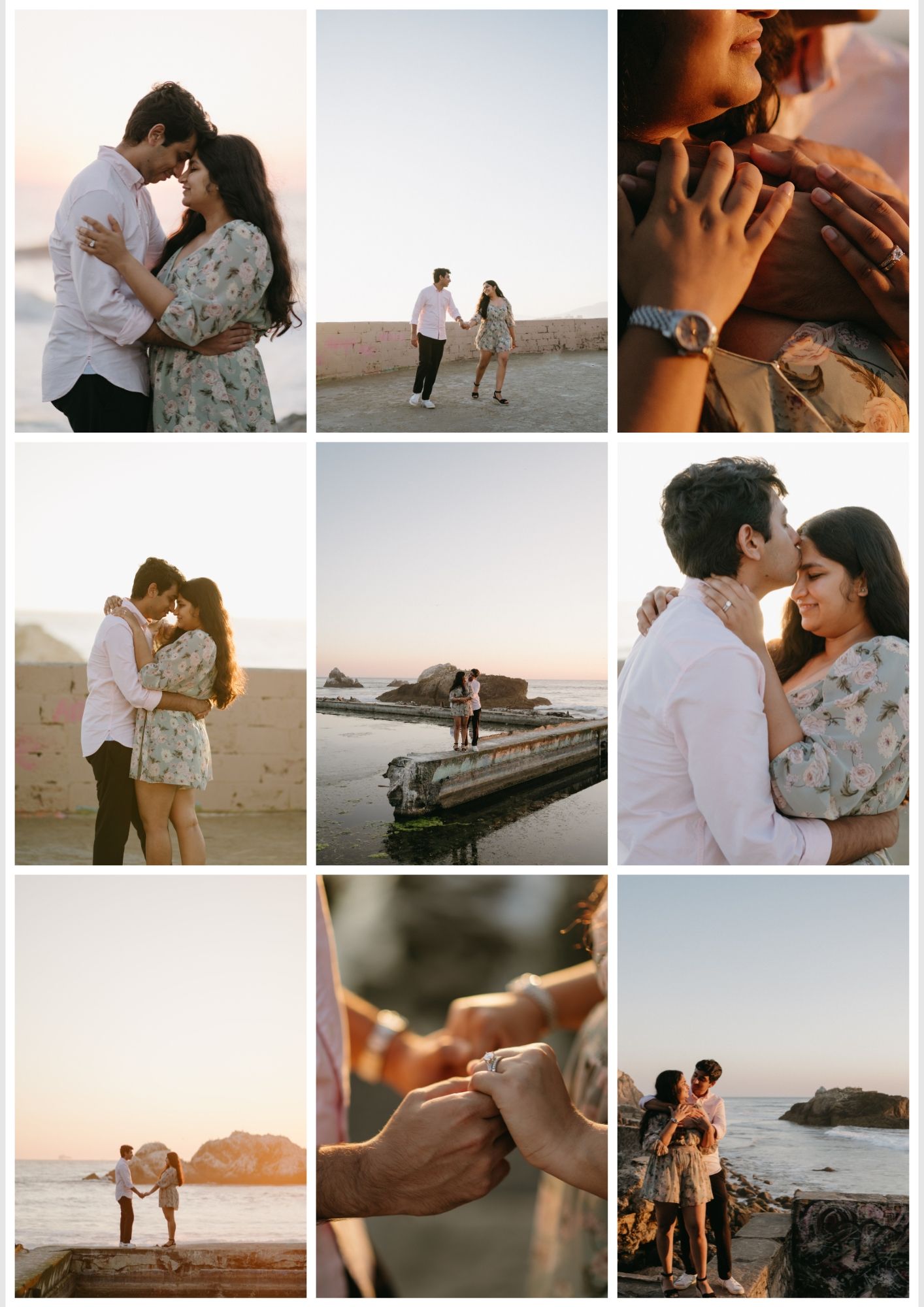 Romantic couple embracing at sunset on a coastal cliff, sharing tender moments and an engagement ring proposal by the ocean.