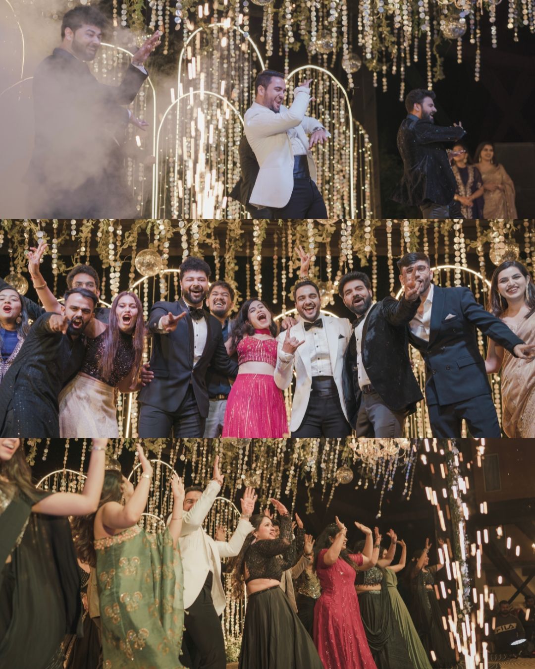 Joyful wedding celebration with guests dancing under glittering floral decorations at an elegant indoor reception.