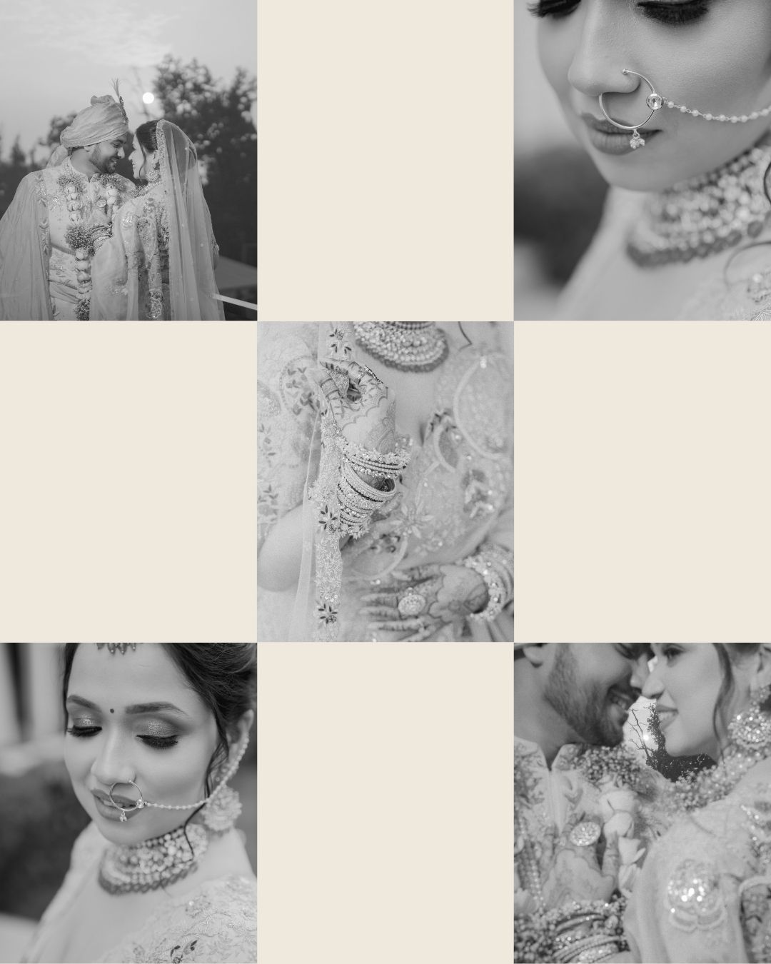 Black and white collage of an Indian bride and groom in traditional wedding attire, showcasing intricate jewelry and ceremonial details.