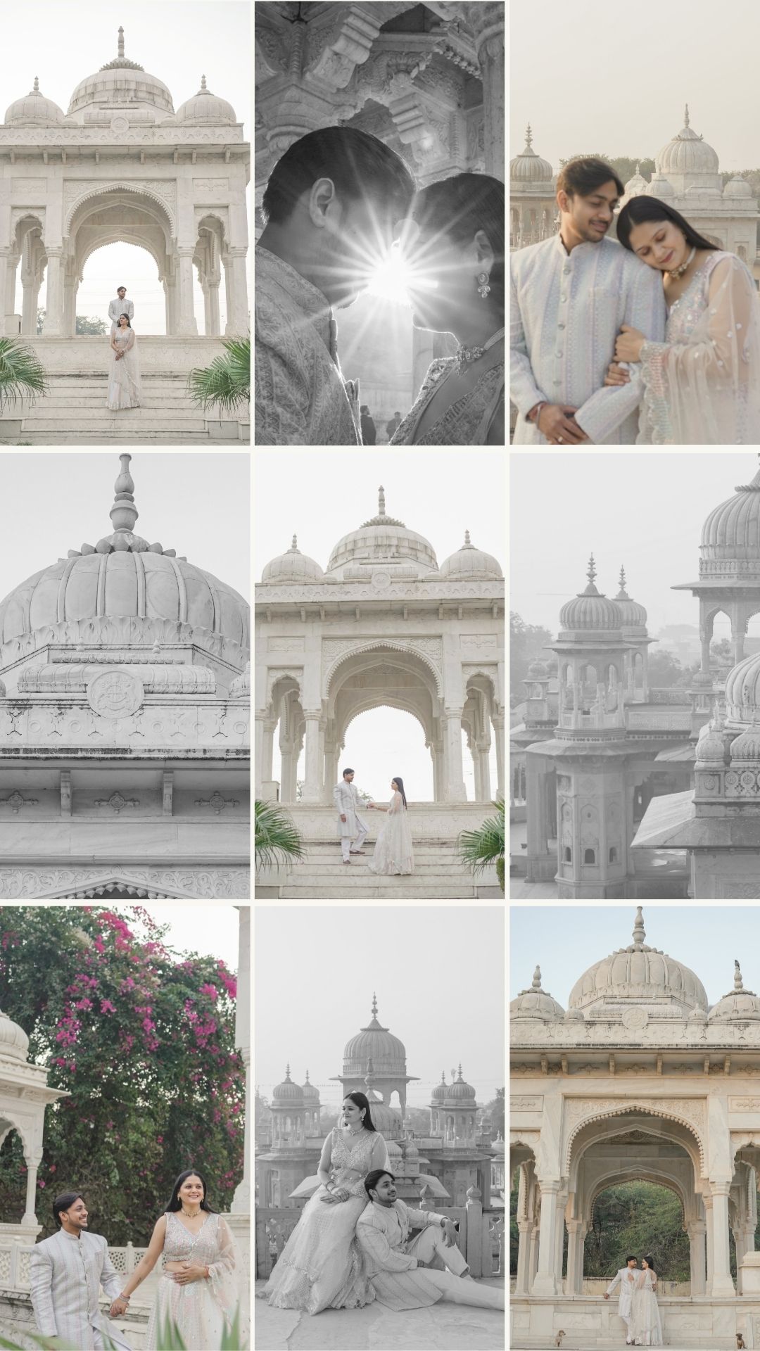 Architectural details of Indian palace pavilions and domed structures with white marble facades and ornate carvings.