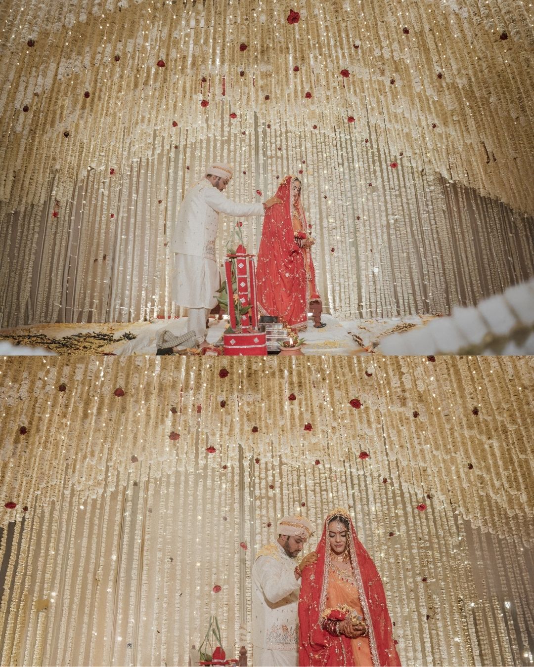 Indian bride in red lehenga and groom in white sherwani performing wedding rituals under golden floral mandap decoration.