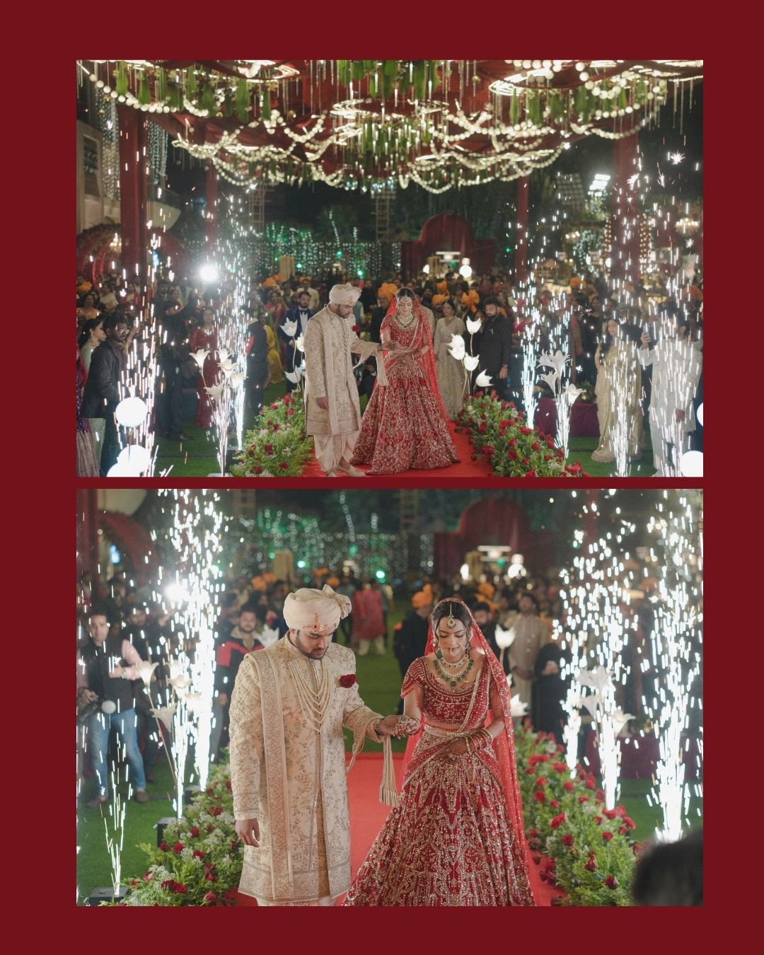 Indian bride and groom walk down red carpet aisle with sparkling fireworks and floral decorations at traditional wedding.