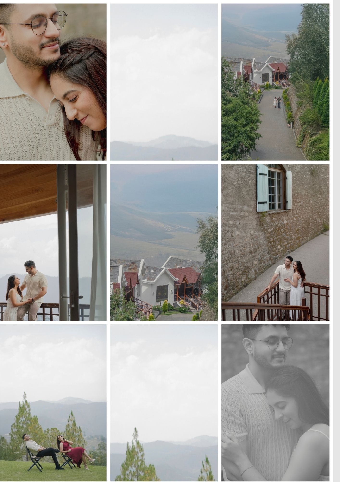 Romantic couple pre-wedding photoshoot at a scenic mountain resort, featuring intimate poses and stunning valley views.