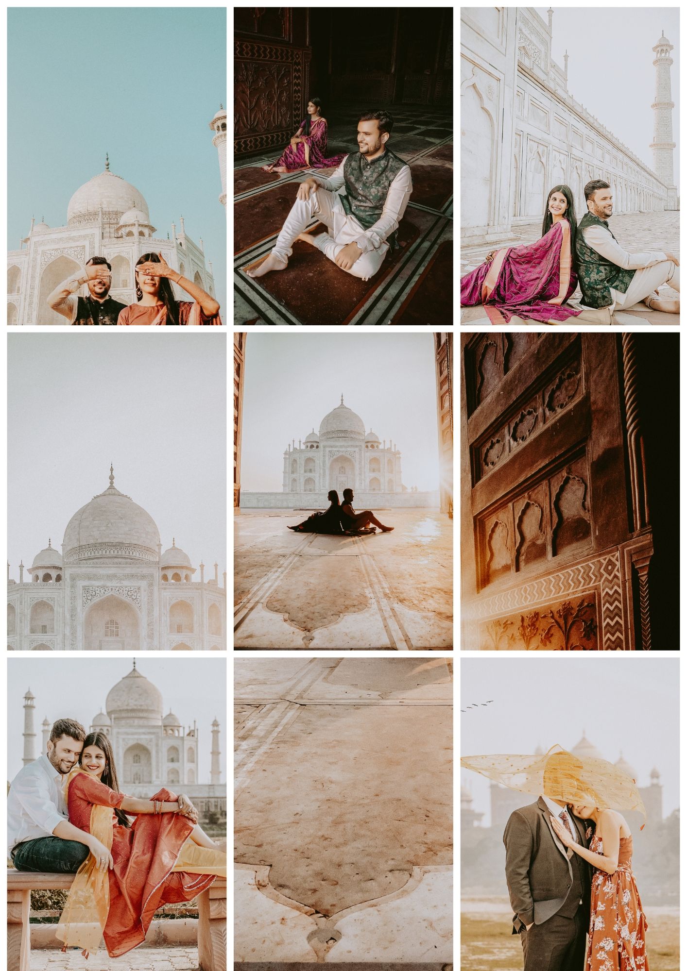 Couple posing in traditional Indian attire at the Taj Mahal for a romantic pre-wedding photoshoot.