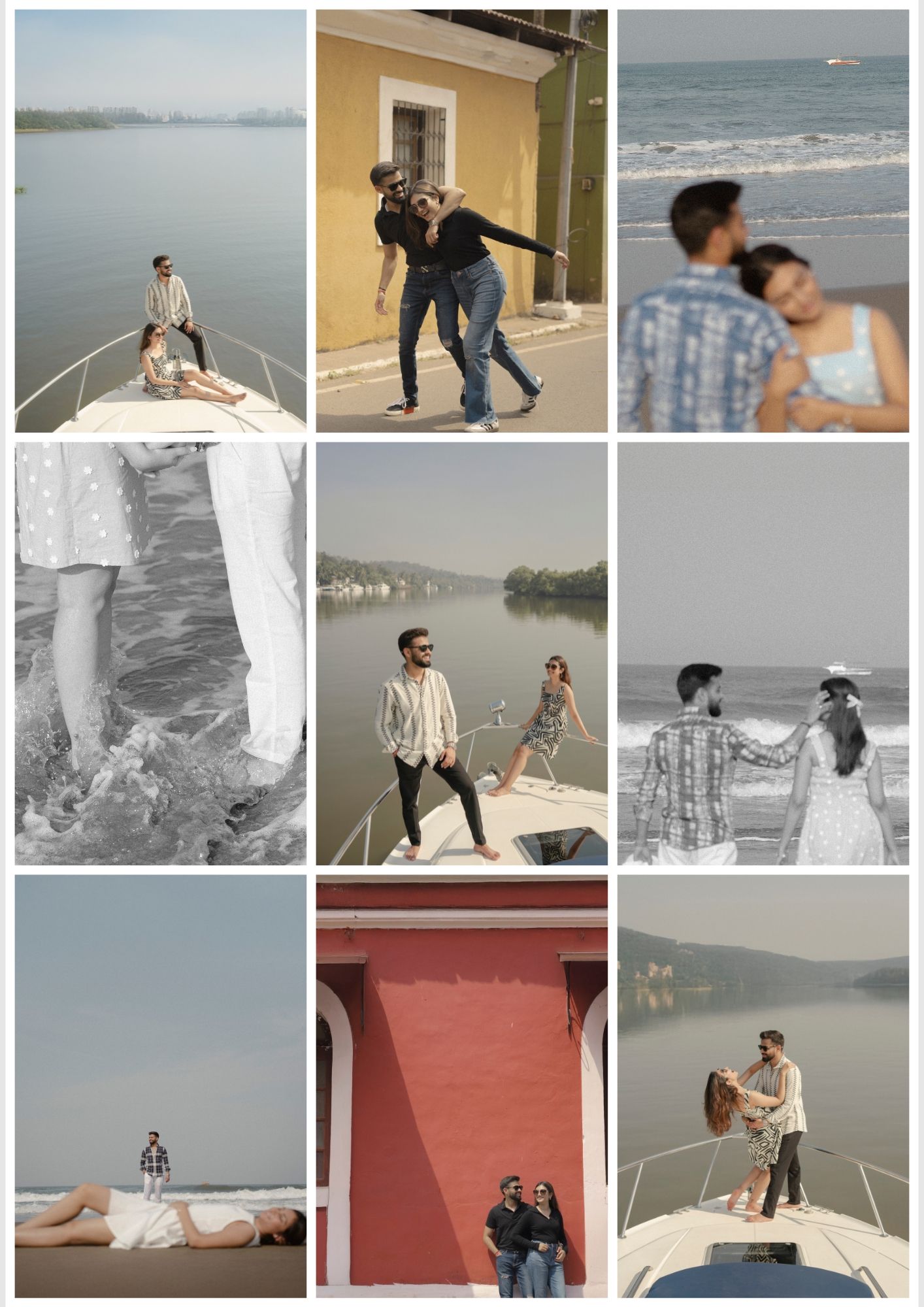 A romantic couple poses together across nine photos in Goa, India, featuring boat rides, colorful streets, and beachside moments.