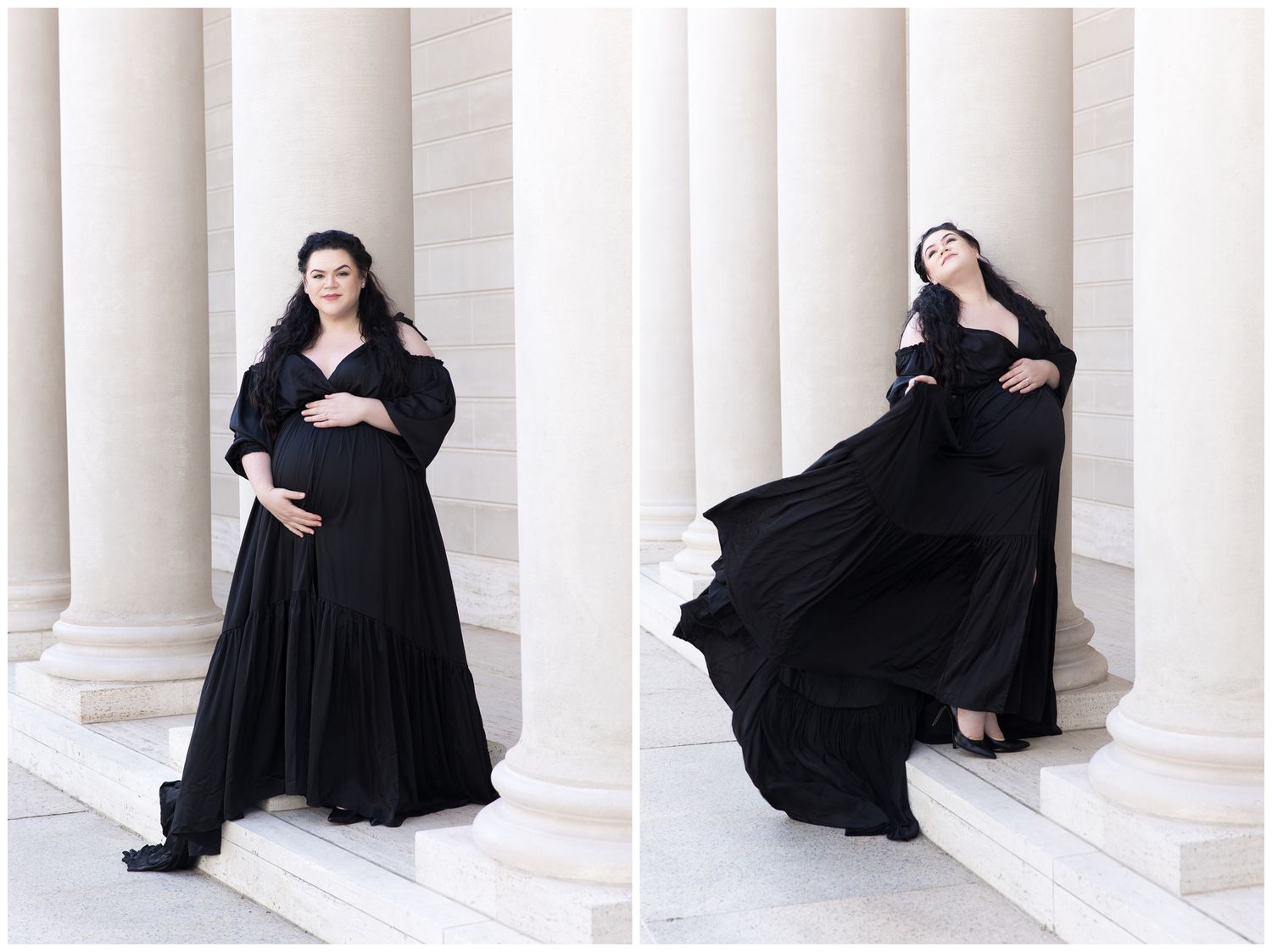 Elegant maternity photoshoot featuring a flowing black dress against classic white stone columns.