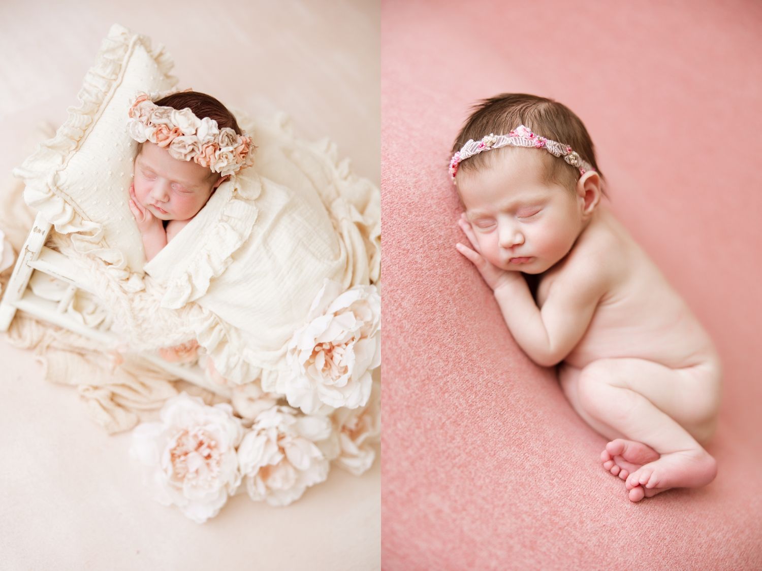 Sleeping newborn baby wearing floral accessories on pink blanket in professional studio photography setting.