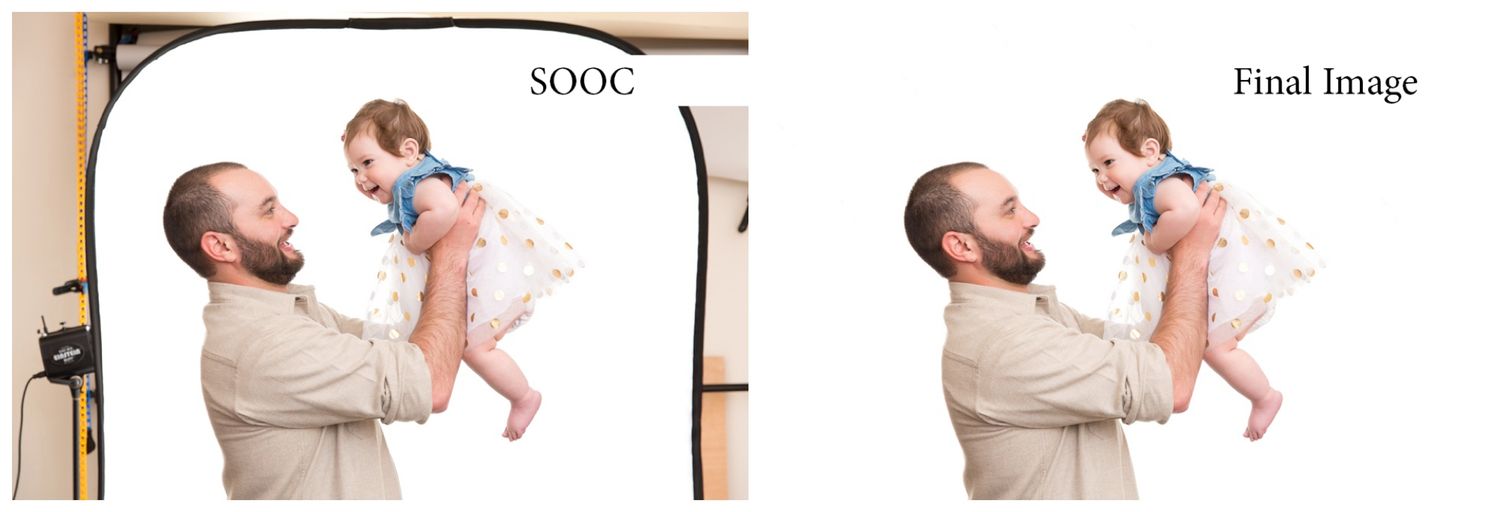 Side by side comparison of a photo editing process showing a person lifting a baby in blue clothing against a white background.