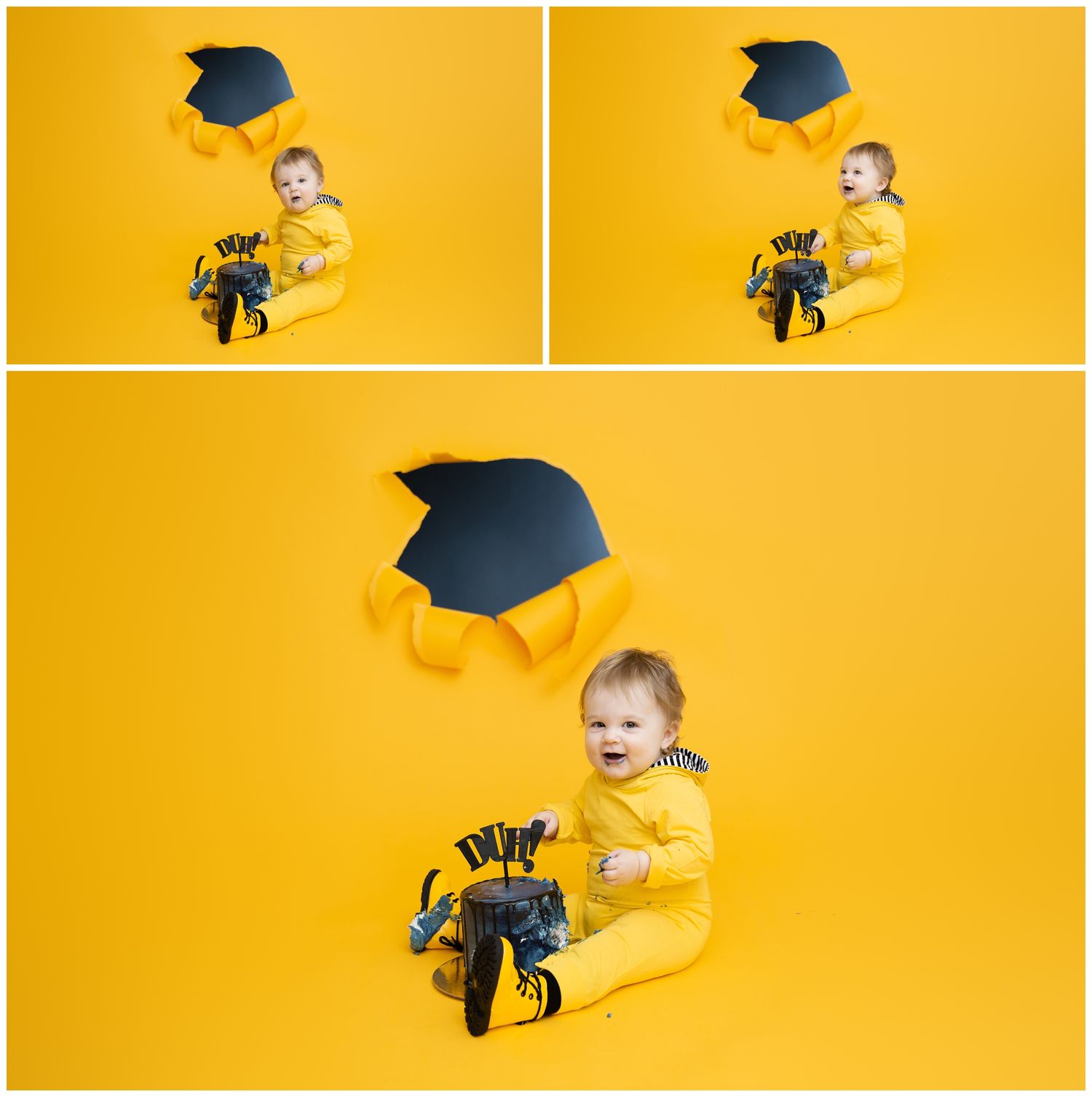Baby in yellow outfit and graduation cap crawls playfully on bright yellow background in creative photo series.