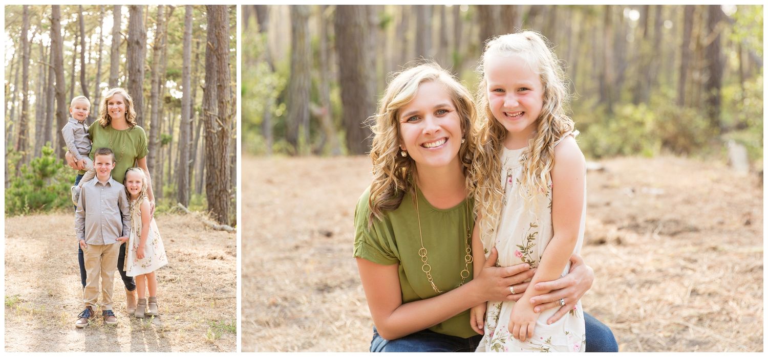 Family enjoying outdoor photo session in sunny pine forest with natural lighting and casual outfits.