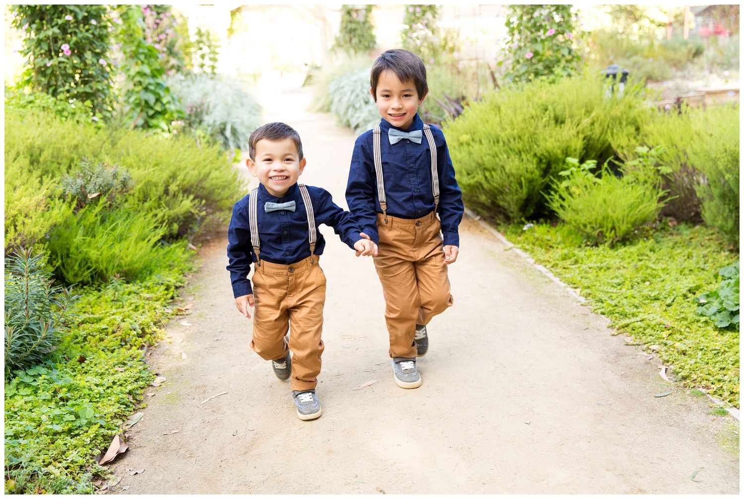 A sequence of photos showing a toddler walking down a garden path in brown overalls and suspenders.