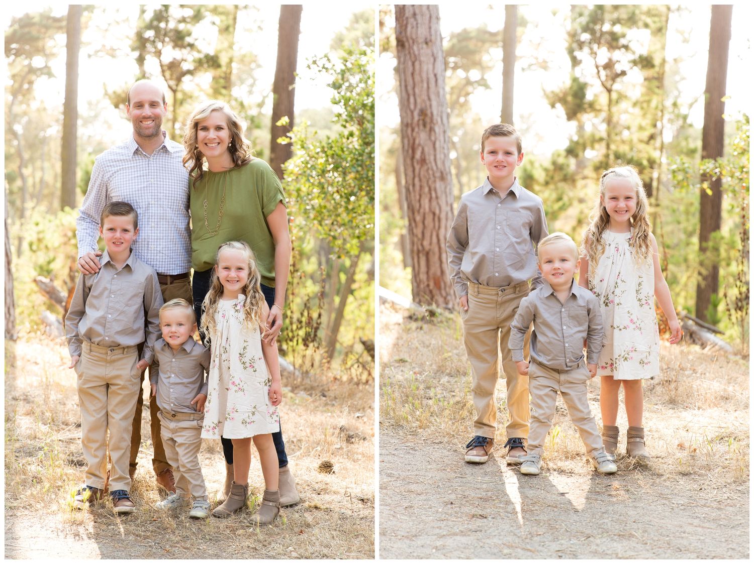 A family group stands together among tall pine trees during a casual outdoor portrait session.