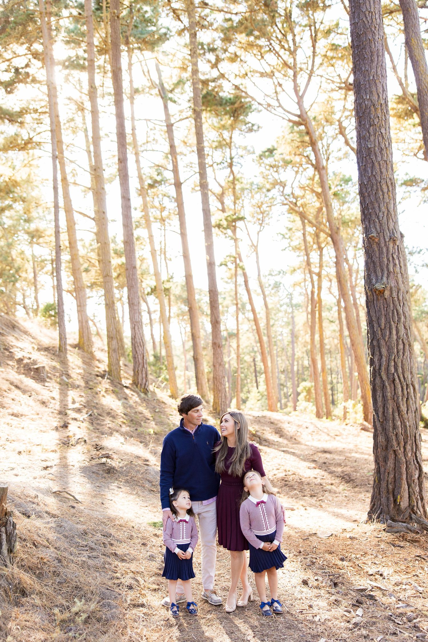 family of 4 in Pacific Grove forest, 17 mile drive photo session