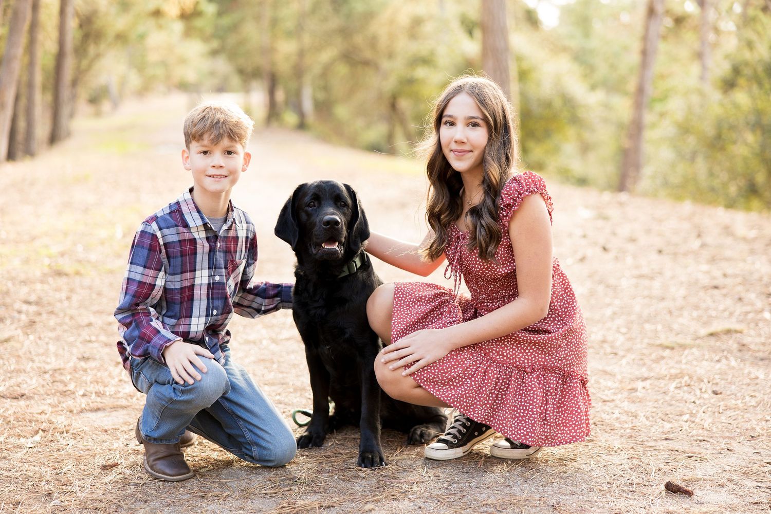 Two people kneel beside a black Labrador on a forest trail covered in pine needles.