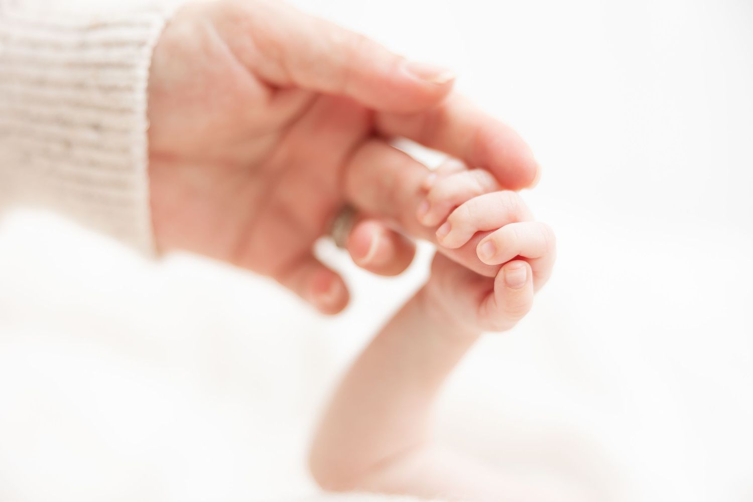 A newborn baby gently gripping an adult finger, symbolizing love and new life.