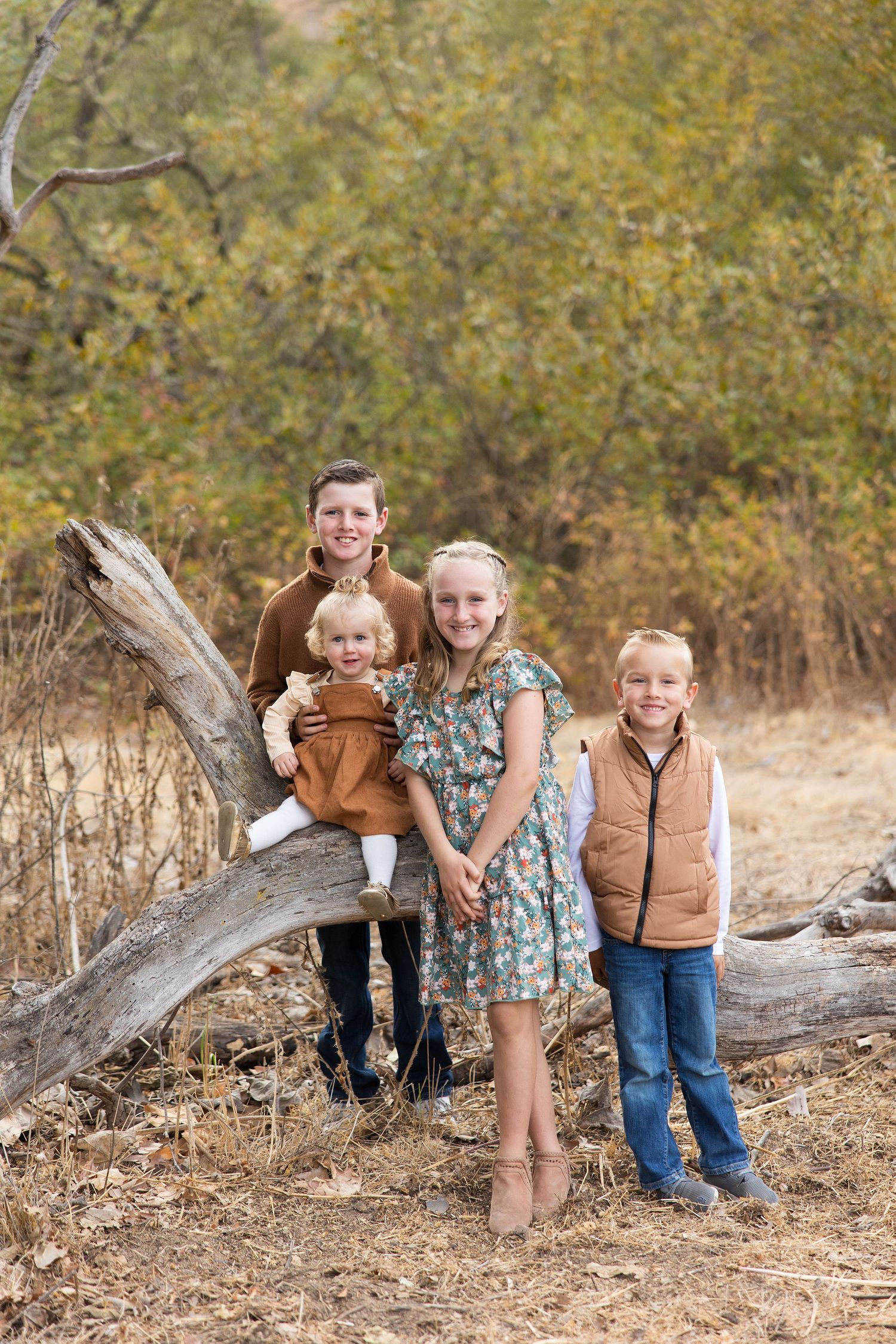 A joyful outdoor family photo session in a rustic setting with fallen logs and autumn foliage.