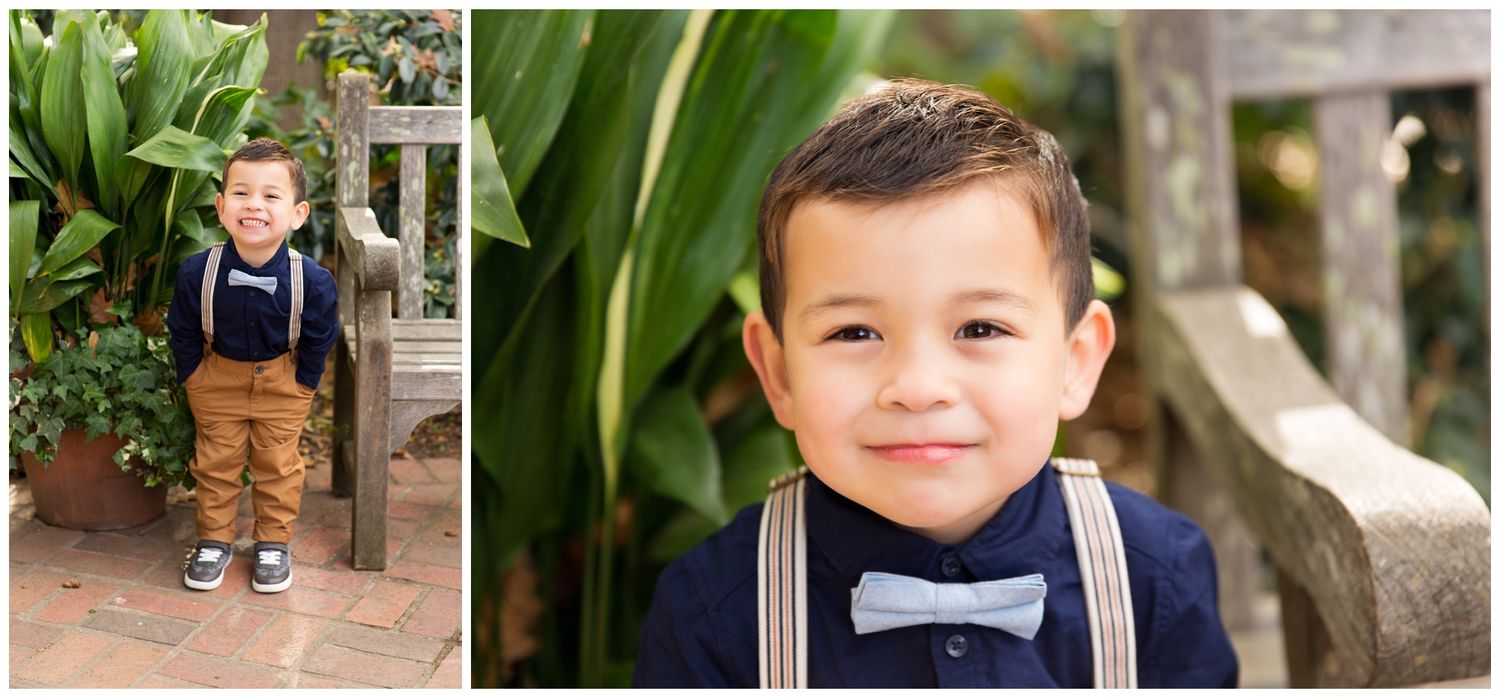 A collection of outdoor family photos showing joyful moments in a garden setting with lush green plants and trees.