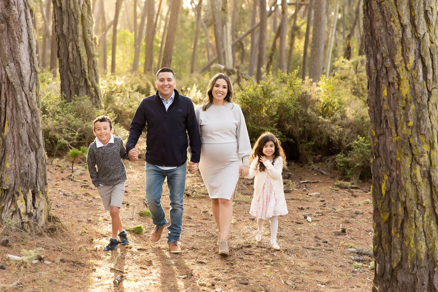 Family walking together through a sunlit forest path with tall pine trees.