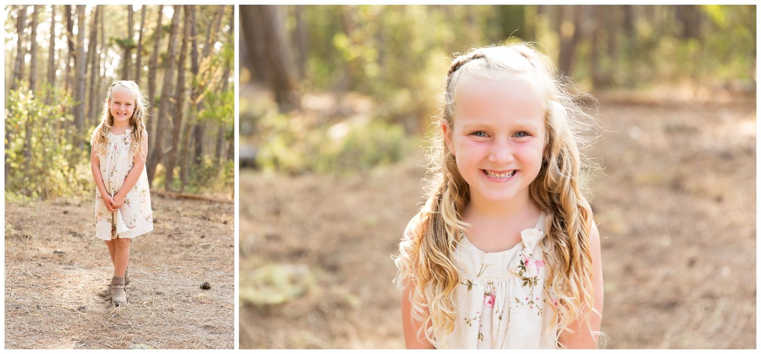 A young child in a white dress walks along a forest path in a split-image composition.