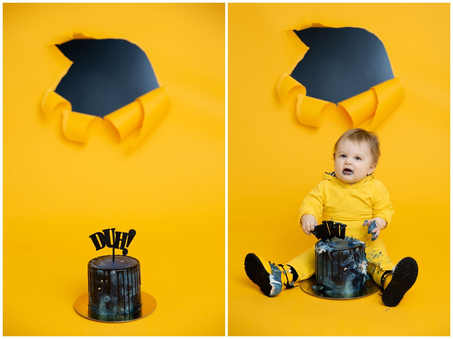 Black graduation cap being photographed in sequence against bright yellow background with dramatic lighting.