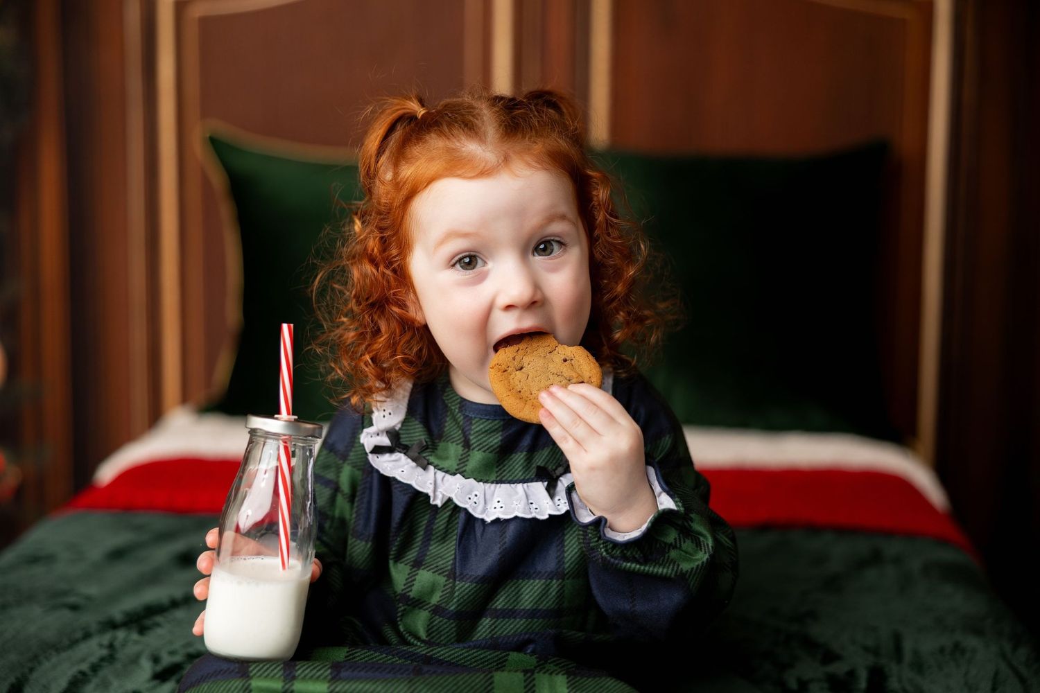 Red-haired toddler eating a cookie with a milk bottle on a green bed at a Christmas mini session in Pacific Grove