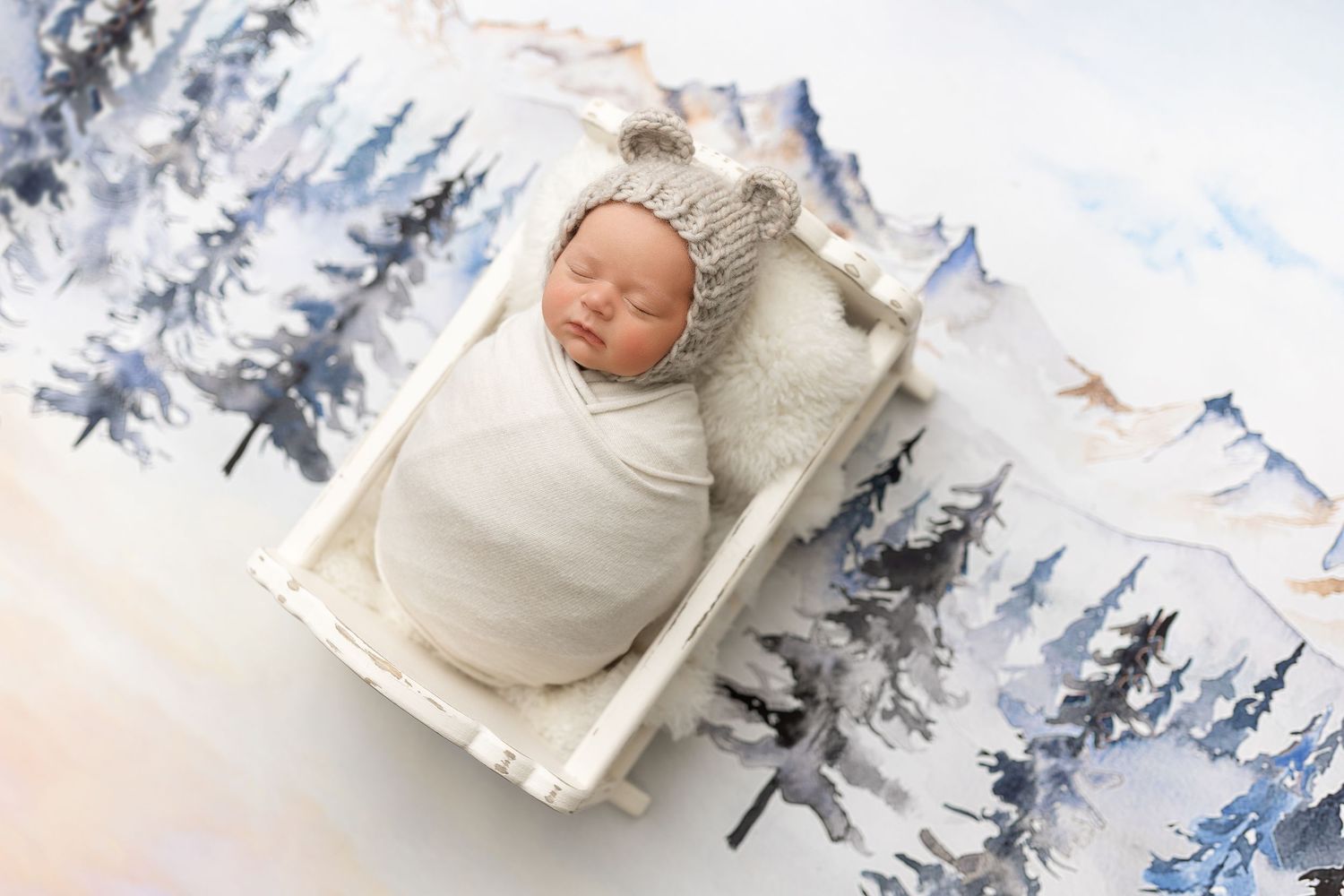A sleeping newborn swaddled in white lies in a basket against a watercolor winter mountain landscape backdrop.