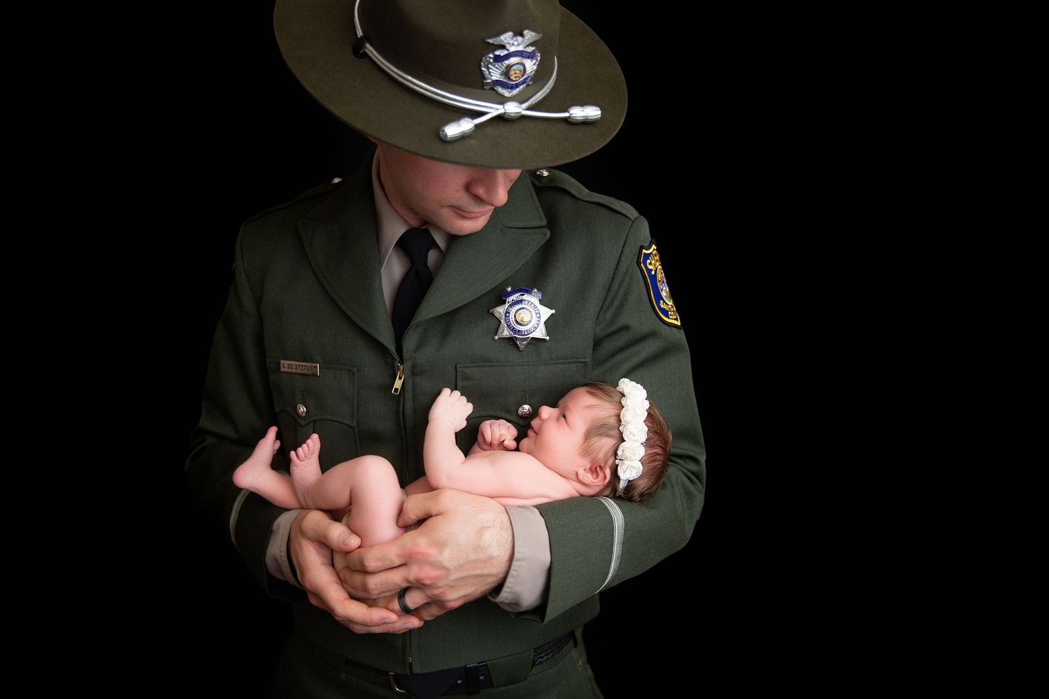 A series of six similar photos showing hands in police uniform holding or manipulating small objects.