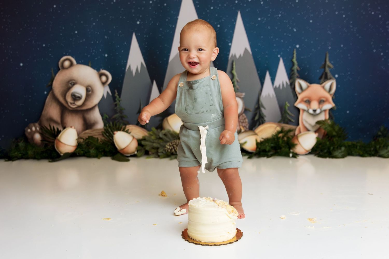 Woodland themed cake smash setup with bear and fox decorations against starry mountain backdrop.