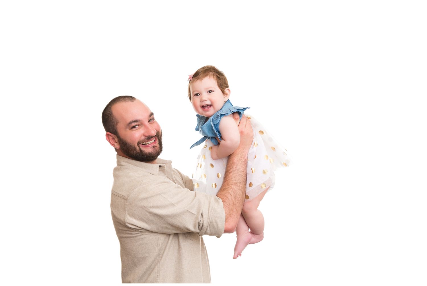 A sequence of four photos showing playful interaction between an adult and a child in beige clothing.