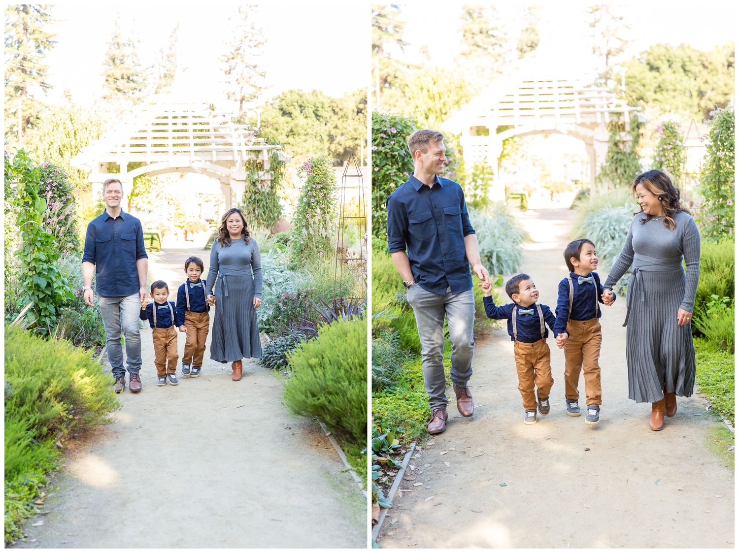 Family walking together on a garden path surrounded by lush greenery and flowers on a sunny afternoon.