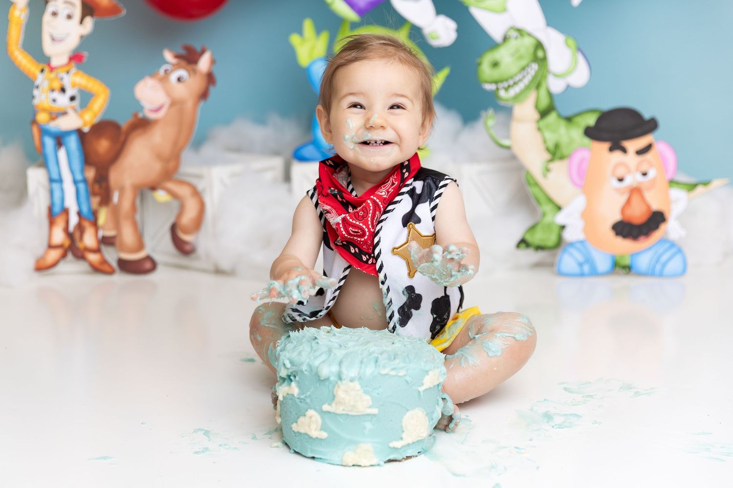 Toy Story themed first birthday shoot with cloud cake and character decorations.