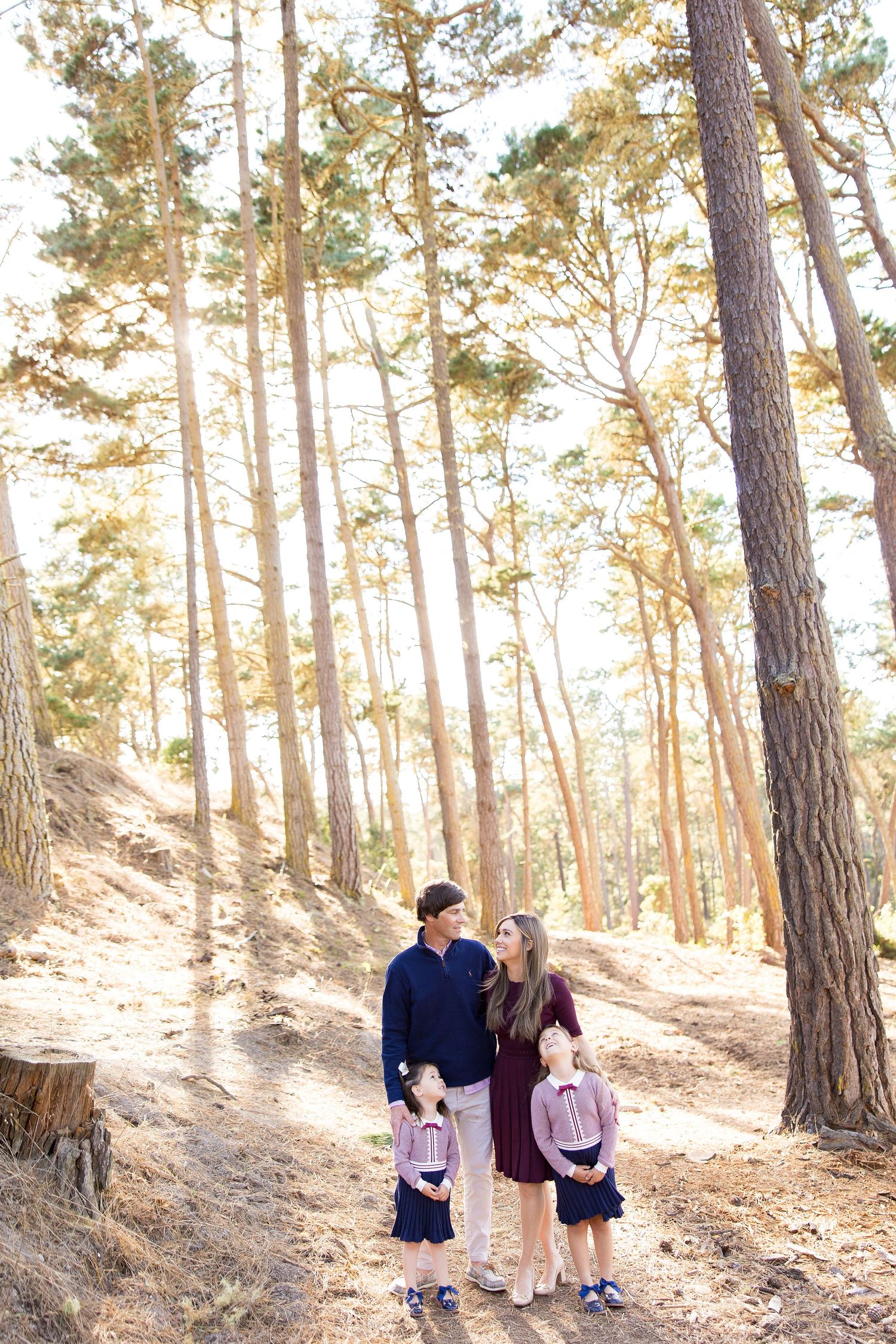 Family photo session among tall pine trees with warm sunset lighting.