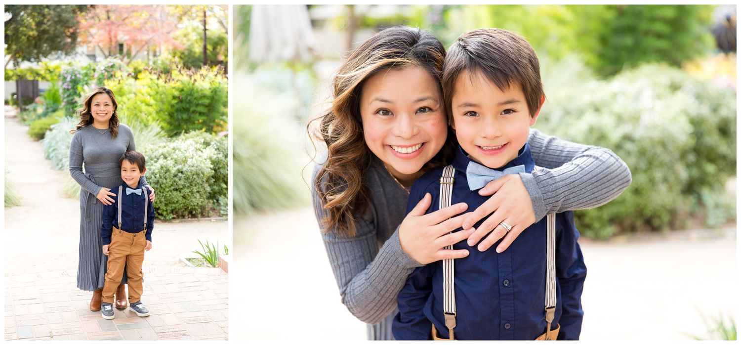 A series of candid outdoor portraits captured in natural sunlight with greenery and garden backgrounds.